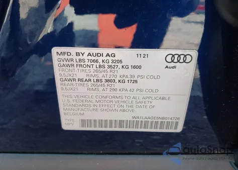2022 Audi E-Tron Premium Plus Quattro z USA, uszkodzony, nr VIN WA1LAAGE5NB014726